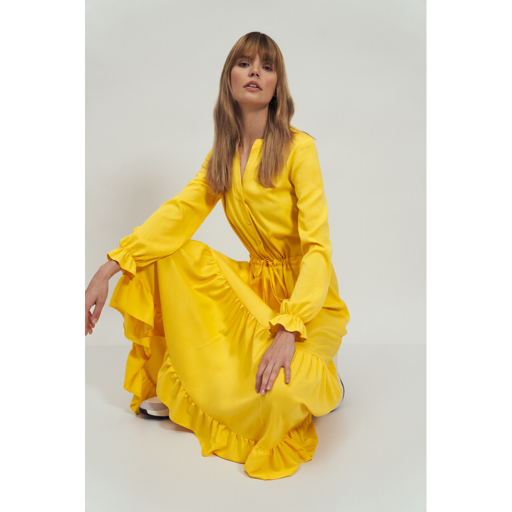 Długa żółta sukienka z falbanką - S178