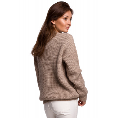 BK052 Długi sweter w prążek - cappuccino