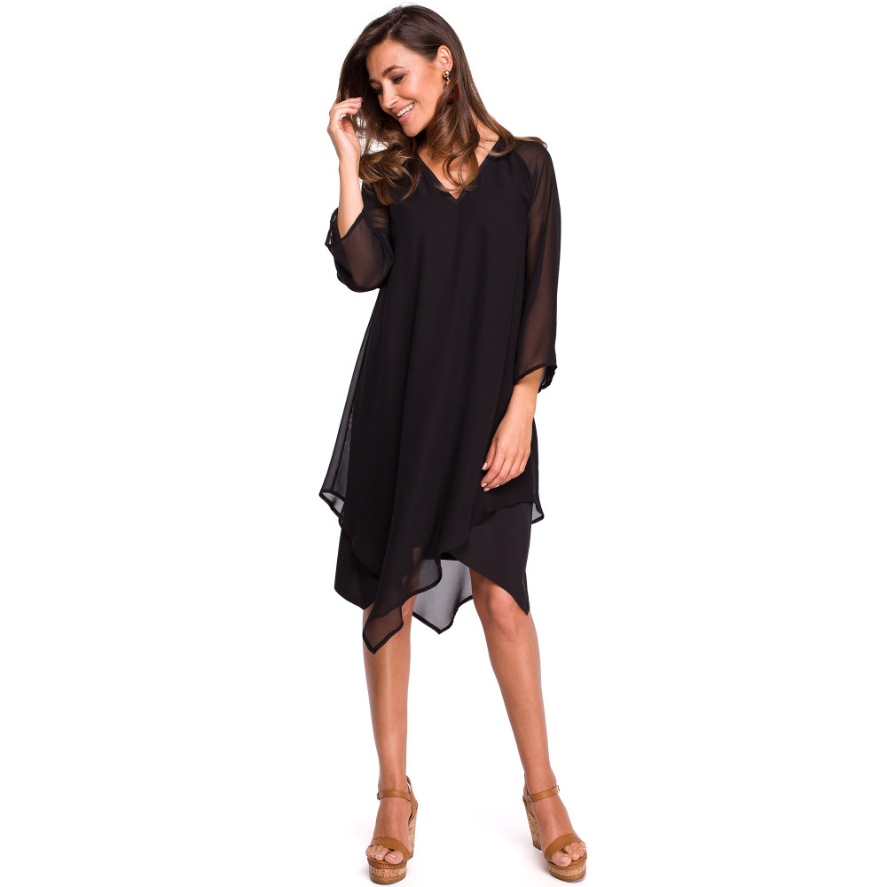 S159 Sukienka szyfonowa z asymetrycznym dołem - czarna