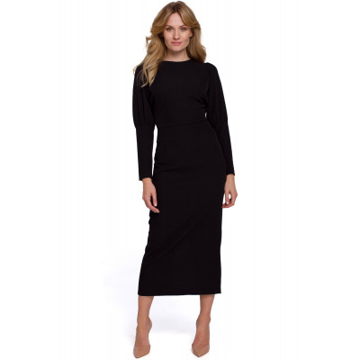 K079 Sukienka midi z wysokimi mankietami - czarna